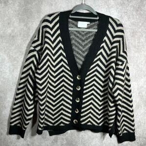 LUSH Cardigan Sweater Womens Large Black Oatmeal Chevron Knit Button‎ Front